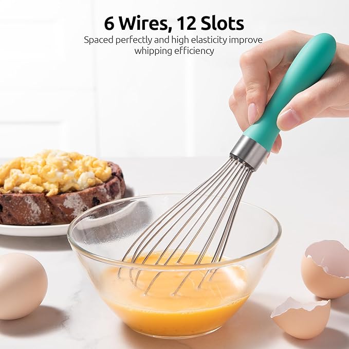 U-Taste 9" Small Egg Whisk: 18/10 Stainless Steel Kitchen Cooking Wire Balloon Wisk, Heavy Duty Metal Beater Stirrer, Manual Baking Tool with 6 Flex Wires for Hand Mixing, Blending Sauce (Aqua Sky)