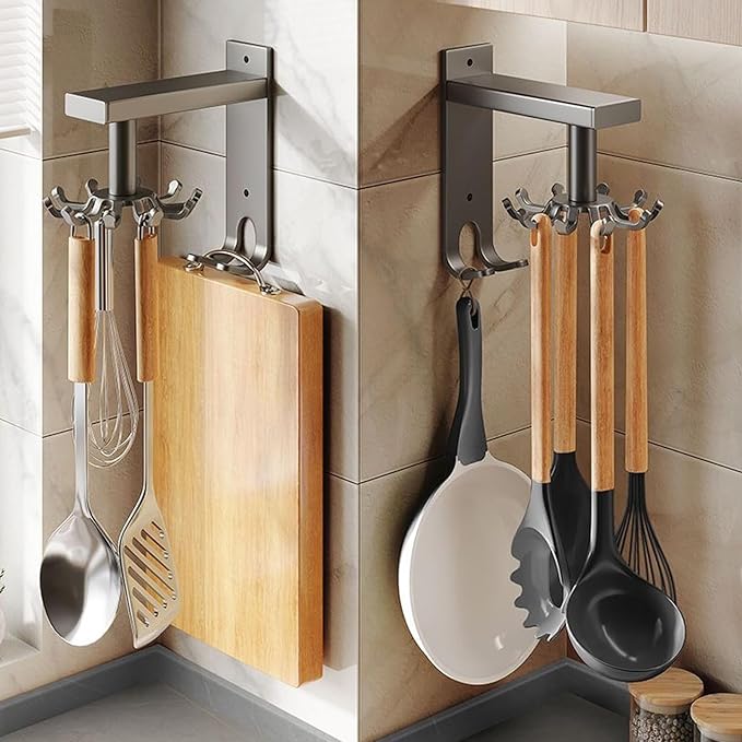 Kitchen Utensil Hanger Multifunctional Rotatable Utensil Hooks Kitchen Utensil Rack Hanging Utensil Holder for Kitchen Utensil Holder Wall Mount Utensil Holder,Grey