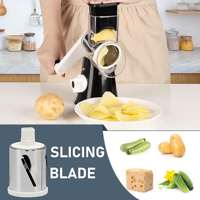 KEOUKE Rotary Cheese Grater Hand Crank Black - Shredder Slicer Grinder 3 Stainless Steel Blades, Stable Suction, Labor-Saving Handle, Safe Kitchen Tool for Cheese, Vegetable, Nuts, Chocolate