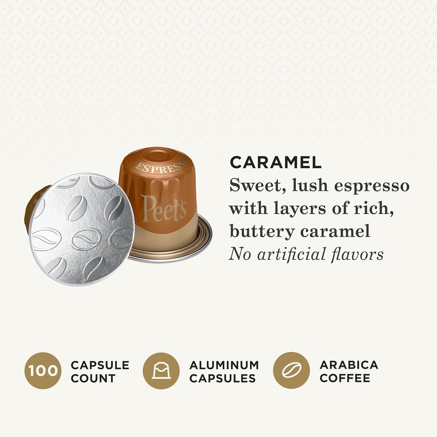 Peet's Coffee, Medium Roast Espresso Capsules, Compatible with Nespresso Original Machine - Caramel, 100 Count (10 Boxes of 10 Espresso Capsules)
