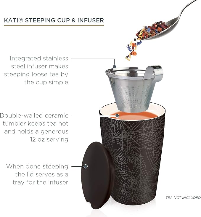 Tea Forte Double-Walled Ceramic Kati Cup, Removable Stainless Steel Infuser Basket and Lid, Steeps 12 oz Loose Leaf Tea, Dishwasher & Microwave Safe, Gifts for Mom, Noir