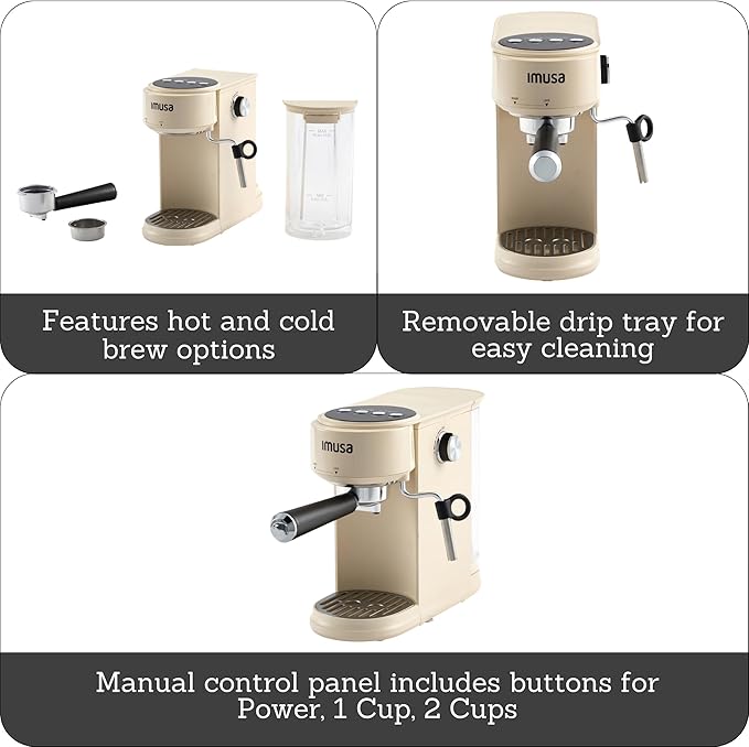 IMUSA 20 Bar Espresso Machine with Milk Frother, Compact 1-2 Cup Espresso & Cappuccino Maker, Thermoblock Fast Heating Coffee Machine, Hot & Iced Latte, Macchiato & Mocha Maker, Matte Almond