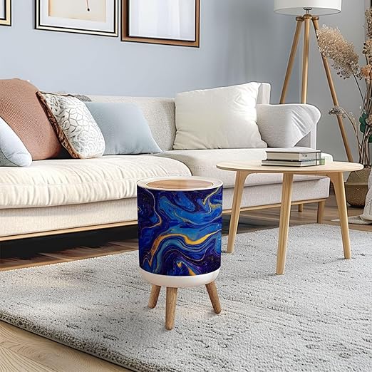 Trash Can with Lid Hand painted mixed liquid blue golden paints Abstract fluid acrylic Press Top Round Small Garbage Bin with Wooden Legs Waste Basket for Kitchen Bedroom Nursery 7L/1.8 Gallon
