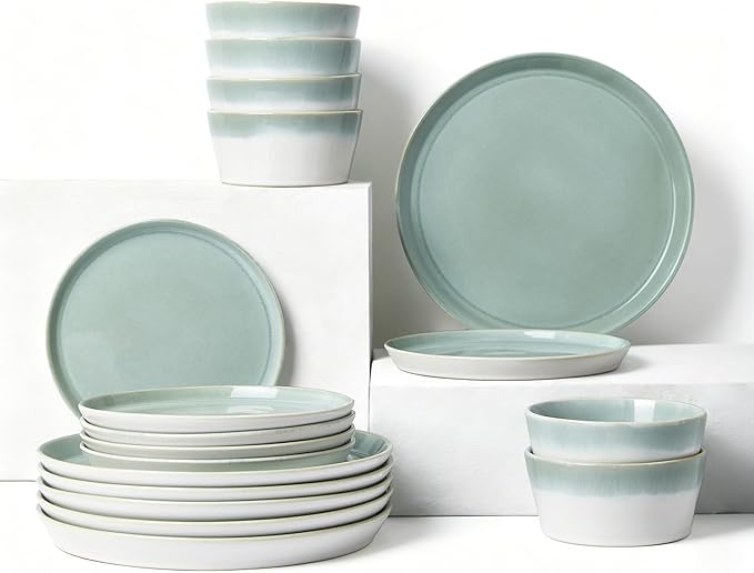 Pokini Dinnerware Sets for 6, Ceramic Plates and Bowls Set, Modern Artisan Dish Set, Microwave & Dishwasher Safe Dishware Set, Chip & Scratch Resistant Dinner Sets, Gradient Green