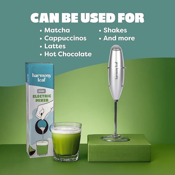 Harmony Leaf Handheld Milk Frother, Stainless Steel Electric Drink Mixer with Stand, Battery Operated Coffee Frother for Lattes, Matcha, Hot Chocolate and More, Silver