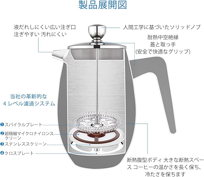 Easyworkz Nando French Press 34 oz, Bundled Gage Gooseneck Pour Over Coffee Kettle 12 oz Stainless Steel Hand Drip Long Narrow Spout, Silver