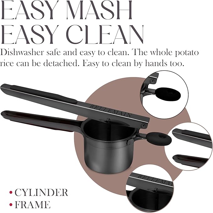 Bellemain 15 oz Black Large Potato Ricer | Heavy-Duty Stainless Steel Potato Ricer & Masher | Perfect for Mashed Potatoes | Ricer Kitchen Tool with Fixed Disc (Metallic Black)