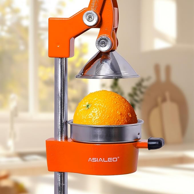 Manual Cast Iron Citrus Juicer,Commercial Hand Press,Heavy Duty Countertop Squeezer for Fresh Orange Lemon Juice,Stable When Pressed,Easy to Use & Clean (Orange)
