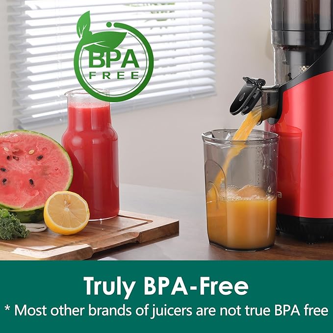 Cold Press Juicer,Fretta Juicer Machines with American-Sourced PCTG Material and 5.3" Extra Large Feed Chute,Fit Whole Fruits & Vegetables,BPA Free 250W(Red,1.8L)