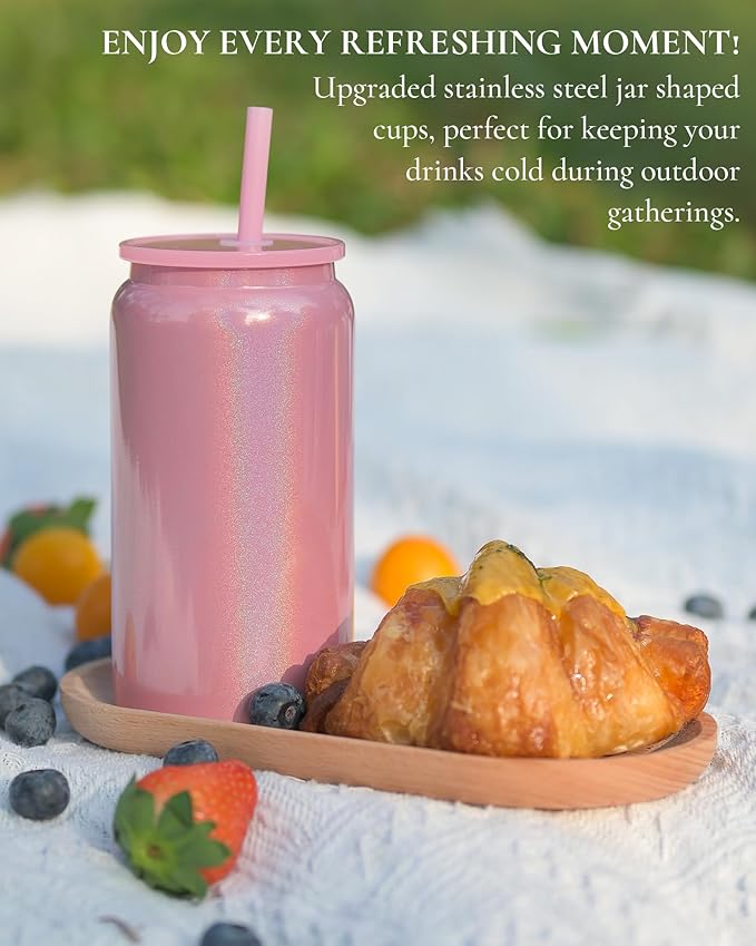 Glass Cups with Lids and Straws, 16oz Stainless Steels Cups, Beer Cups, Iced Coffee Cup, Smoothie Cup, Sublimation Tumbler, Pink (Shiny Polished Finish, Sublimatable)