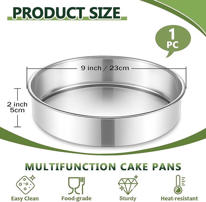 P&P CHEF 9 Inch Cake Pan, 1 Piece Round Layer Cake Baking Pans, Stainless Steel Smash Cake Tin Bakeware for Cooking Steaming, Nontoxic & Sturdy, Oven & Dishwasher Safe