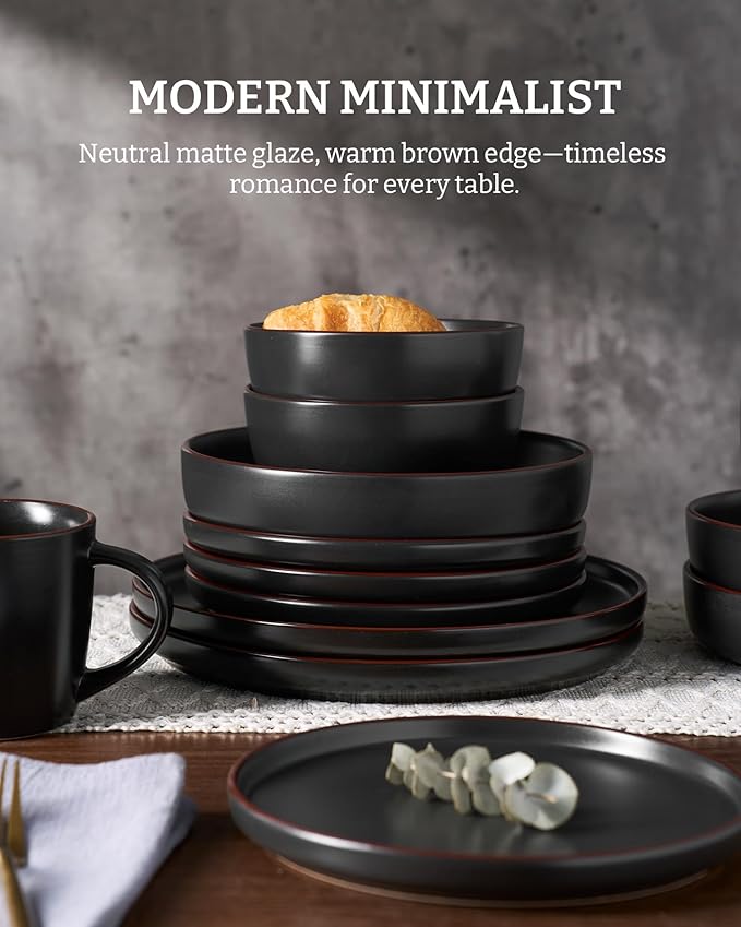 Famiware Mercury Dinnerware Sets with Mugs, Service for 4 (16 Pieces), Plates and Bowls Sets, Microwave and Dishwasher Safe Dishes Set, Matte Black