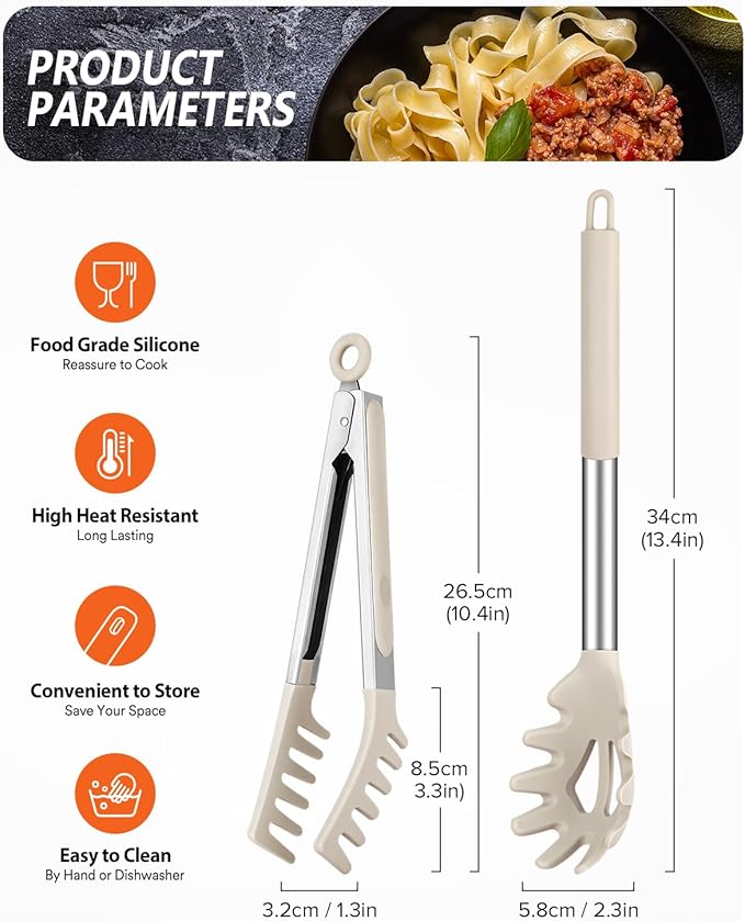 Silicone Spaghetti Spoon & Pasta Tong, Non-Stick Stainless Steel Handle Pasta Fork Set with Teeth, Food Clip for Easy Serving of Noodles (Khaki)