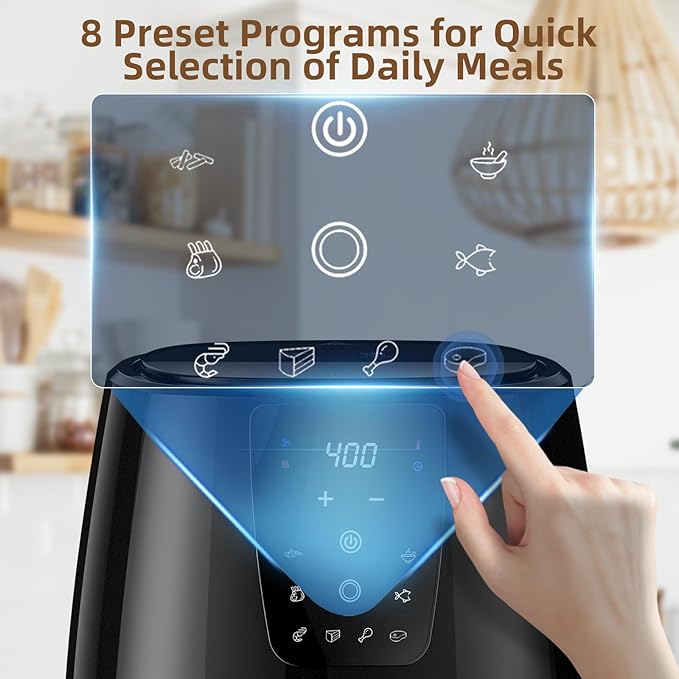 XKV 5.8 QT Digital Air Fryer with Window for Kitchen Use,Nonstick Made without PFAS, Touchscreen Display,160°F~400°F in Precise 5°,Customized Temp/Time,NonStick Basket,Black
