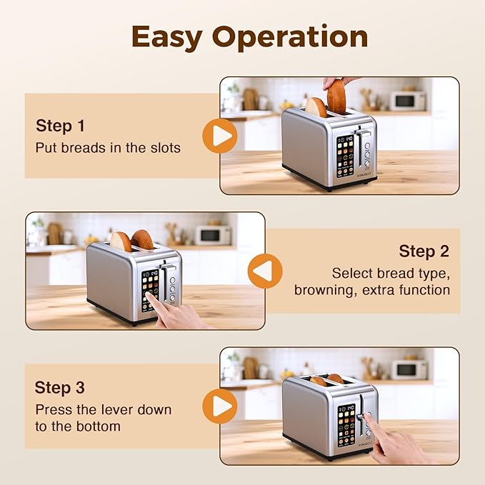 2 Slice Touch Screen Toaster with Wide Slots Stainless Steel Toasters Even Toasting for Bagels & Bread, Reheat & Defrost, Easy Removable Crumb Tray, Silver