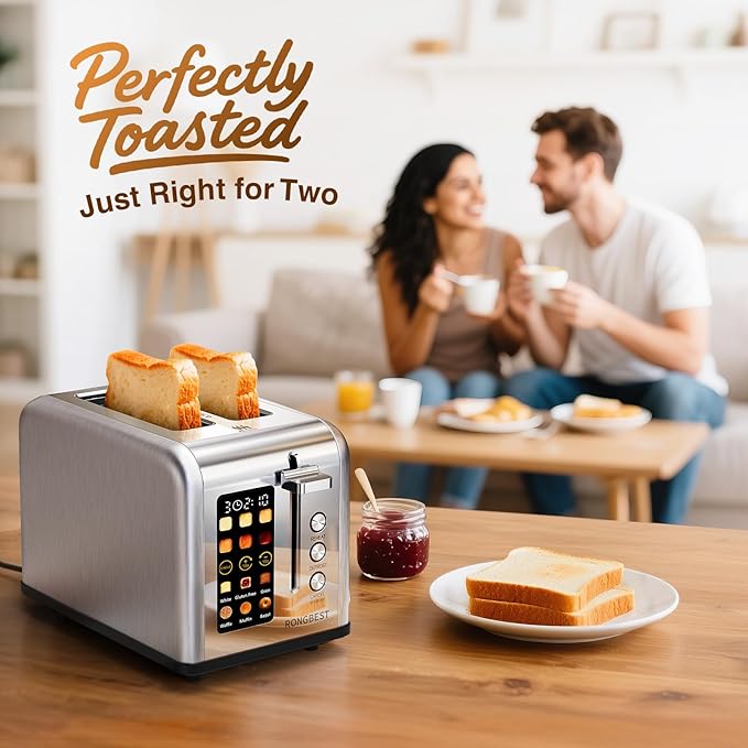 2 Slice Touch Screen Toaster with Wide Slots Stainless Steel Toasters Even Toasting for Bagels & Bread, Reheat & Defrost, Easy Removable Crumb Tray, Silver