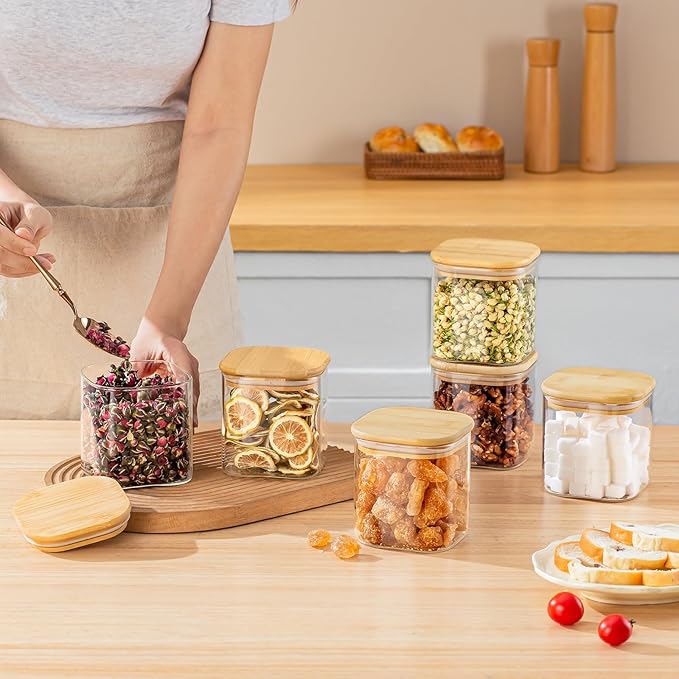 SENTVEND 24 Oz Glass Storage Jars with Bamboo Lids - 6 Pack Clear Glass Canisters Square Airtight Stackable Ideal for Pantry Storage Containers Organizers Great for Storing Oats Coffee Beans Nuts etc