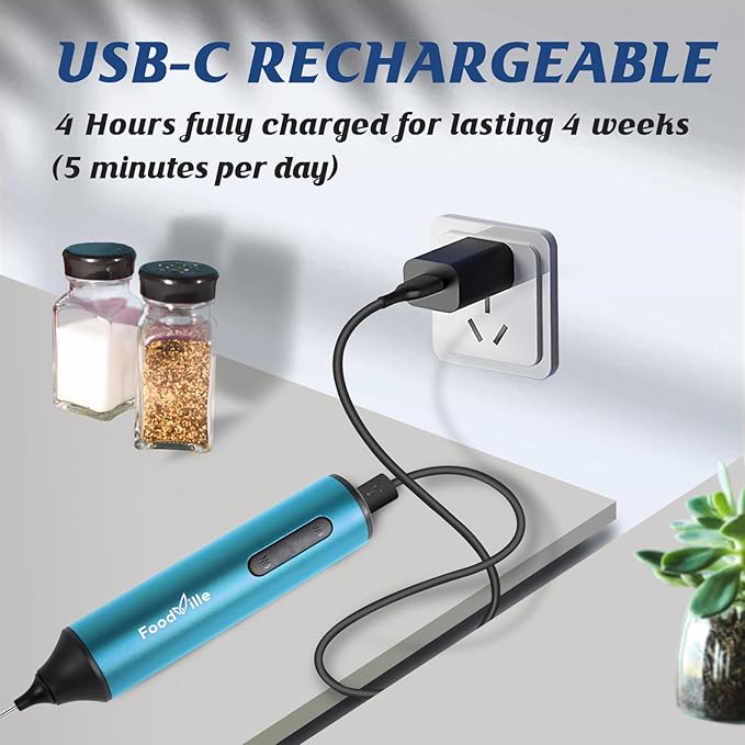 FoodVille MF05 Rechargeable Milk Frother USB Charging Handheld Foam Maker with Stainless Balloon Whisk for Cappuccino, Latte, Bulletproof Coffee, Keto Diet, Protein Powder, Matcha (Azure Blue)