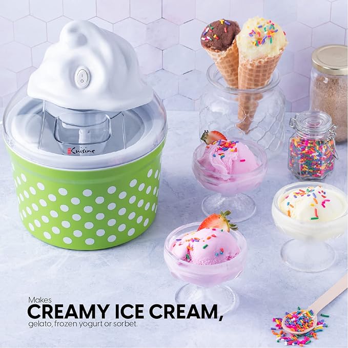 Euro Cuisine Ice Cream, Sorbet & Frozen Yogurt Maker, Homemade Gelato & Soft Serve Kids Ice Cream Maker Machine with 4 Glass Cups - Double-Insulated Freezer Bowl, Mixing Paddle, Lid - 1.5 Quart