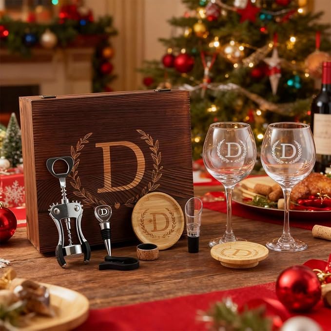 GZLDGIFTS Personalized Initial Wine Glasses Box Gift Set For Women Mom Engraved Birthday Monogrammed Wooden Christmas Gifts Wedding Anniversary Wine Couples Stopper Opener Initial Letterr (J Set)