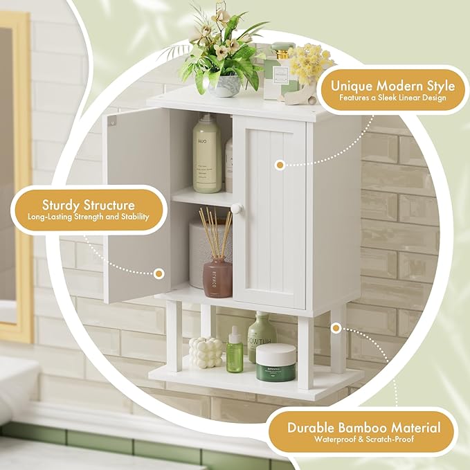 AmazerBath Bathroom Wall Cabinets, Bamboo Over The Toilet Storage Cabinet with Adjustable Shelves, Wall Mounted Medicine Cabinets with 2 Doors for Small Spaces, White, 9.0 x 15.7 x 23.8 Inches