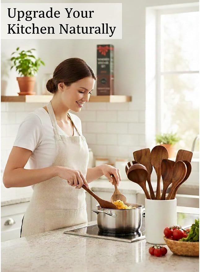 Natural Teak Wood Kitchen Utensil Set - 10 Piece Non-Stick Cooking Spoons & Spatulas, Heat Resistant & Eco-Friendly, Durable Wooden Tools for Nonstick Cookware