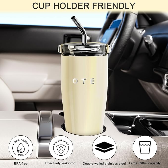 OTE 30OZ Tumbler with Handle, 316 Stainless Steel Water Bottle with Straw, 800ML Vacuum Insulated Bottle, Insulated Travel Mug, Tumbler for Office or Home, Cup Holder Friendly, Keep Hot/Cold (Beige)