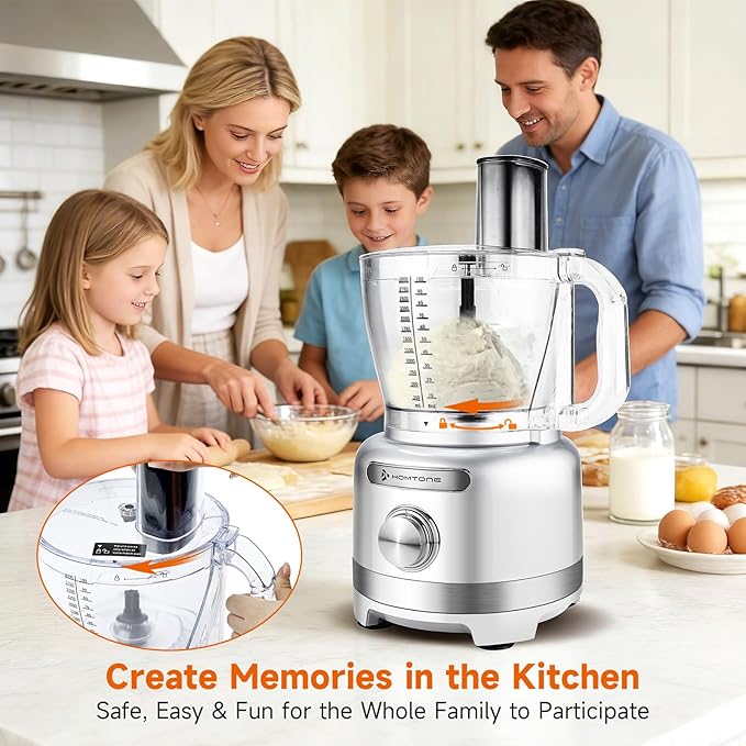 Homtone Large Food Processor 16-Cup 9-IN-1 Food Processing for Home Meal Prep, 3-Speed, 7 Blades for Shredding, Slicing, Chopping, Kneading, Emulsifying, French Fry Disc, Dishwasher Safe, Silver