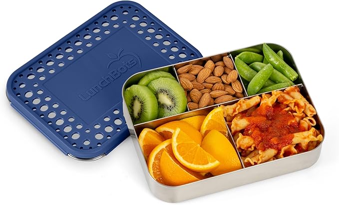 LunchBots Large Cinco Stainless Steel Lunch Container - Five Section Design Holds a Variety of Foods - Metal Bento Box - Dishwasher Safe - Stainless Lid - Blue Dots