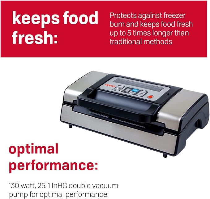 Nesco Deluxe Food VS-12 Vacuum Sealer, 130 Watts, Kit Bags & Viewing Lid, Compact, Silver