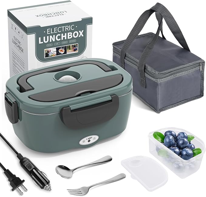 Herrfilk Electric Lunch Box Food Heater, 3 in 1 Ultra Quick Heated Lunch Boxes for Adults, 12V/24V/110V Portable Food Warmer for Car/Truck/Office With Fork Spoon and Insulated Carry Bag