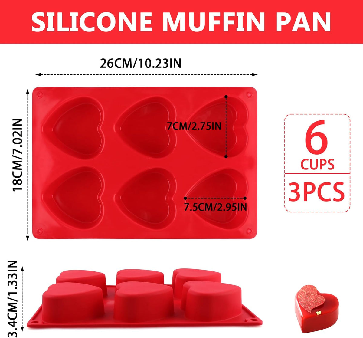 3-Pack 6-Cup Silicone Muffin Pans, Nonstick Cupcake Baking Molds, BPA/PFA-Free, Dishwasher & Oven Safe Heart-shaped Red