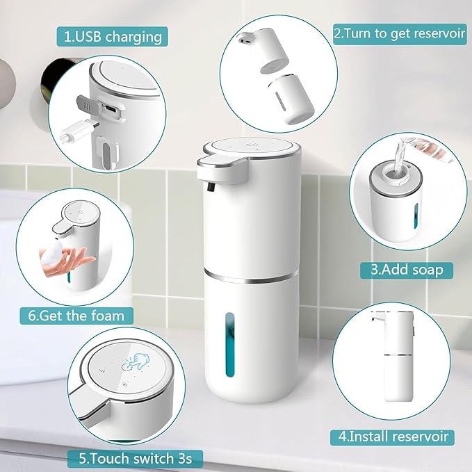 2P Automatic Soap Dispenser, Touchless Foaming Soap Dispenser 400ml USB Rechargeable Dispenser Electric Wall Mounted 4levels Adjustable Foam Dish Soap Pump for Bathroom Kitchen
