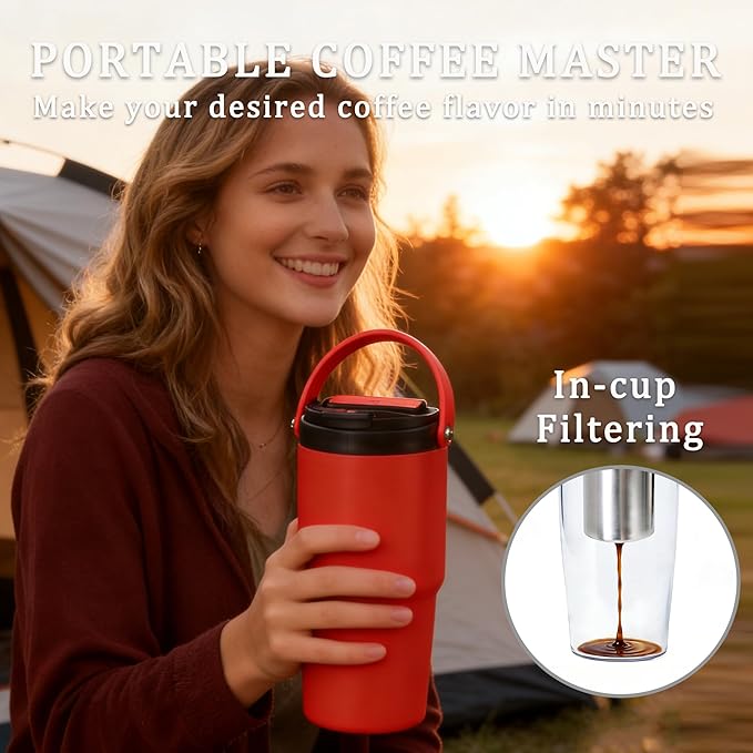 minkah Fast Extraction Mini Electric Coffee Maker - Portable Filter Coffee Brewer for Travel,Insulated Stainless Steel Tumbler,30 oz Reusable Iced Coffee Cup Machine,Hot Coffee Mug with Lid(Red)
