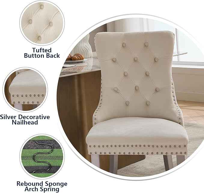 Velvet Dining Chairs Set of 2, Kitchen & Dining Room Chairs, Upholstered Dining Chairs with Back Ring Pull and Silver Solid Wood Legs, Modern Tufted Kitchen Chairs for Dining Room, Cream