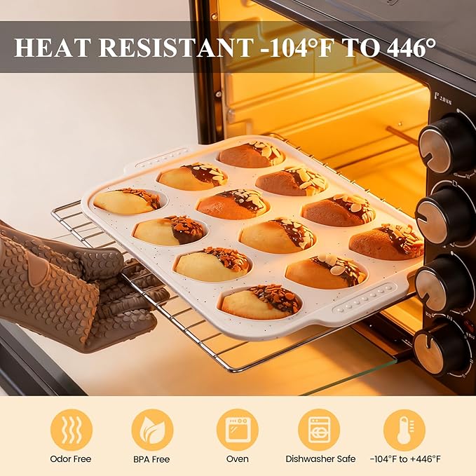 Vinino Silicone Madeleine Pan with Metal Reinforced Frame, 12-Cavity Shell Shape Madeleine Mold with Non-Slip Handle, Nonstick Madeleine Cookie Trays for Oven, BPA Free, Dishwasher Safe- Cream