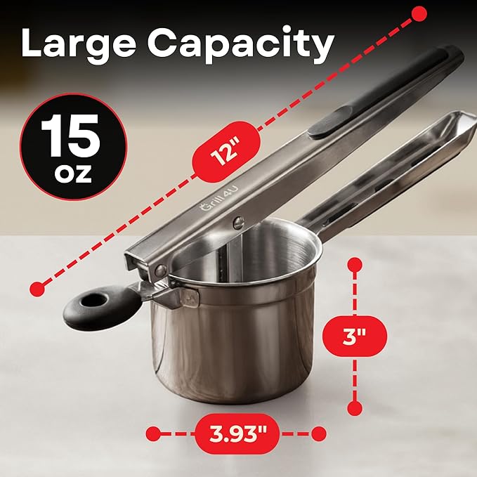 Large 15oz Potato Ricer with 3 Interchangeable Discs - Professional Stainless Steel Masher for Fluffy Mashed Potatoes, Gnocchi & Guacamole - Ergonomic Silicone Handles, Heavy Duty & Dishwasher Safe