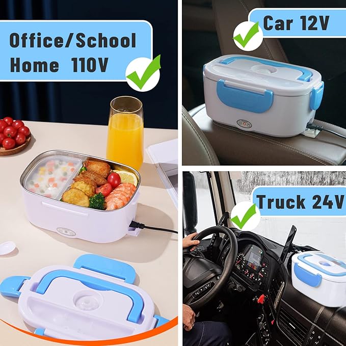 Electric Lunch Box 2 In 1 Food Heater 12V 24V 110V Portable Food Warmer for Car and Home Removable Stainless Steel Heated Bento Box (Blue)