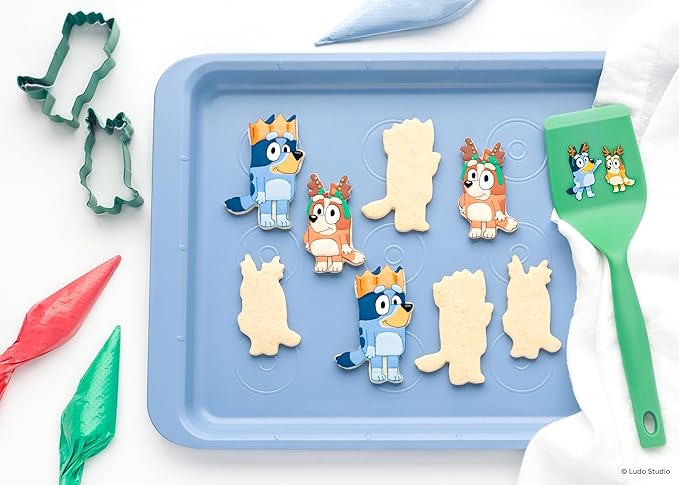 Handstand Kitchen Bluey Holiday Baking Set with Bluey and Bingo Cookie Cutters, Rolling Pin, Spatula and Flipper