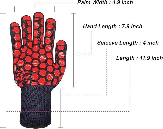 J H Heat Resistant Oven Glove:EN407 Certified 932 °F, 2 Layers Silicone Coating, Oven Mitts for Cooking, Kitchen, Fireplace,Camping, Grilling (Black/Red, Regular Cuff)