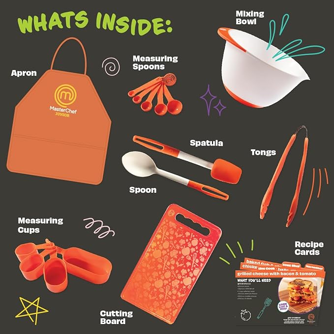 MasterChef Junior Cooking Essentials Set - 9 Pc. Kit Includes Recipes, Apron, Cutting Board, Mixing Bowl, Measure Cups, Spoons, Homemade Holiday Gifts