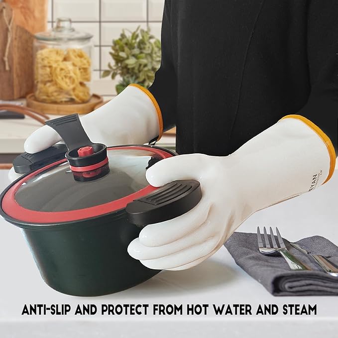 DEYAN Silicone BBQ Gloves - 600°F Heat Resistant Oven Mitts for Grilling, Smoking & Baking - Waterproof, Oil Proof Non-Slip Kitchen Gloves for Cooking, Frying, BBQ Accessories(White, 8/M)