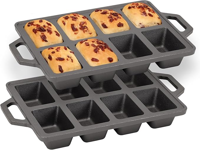 Flavehc 2pack Cast Iron Mini Loaf Pans 8-Cavity Bread Loaf Pans Pre-Seasoned Baking Pan Molds with Handle Bread Pans for Homemade Bread