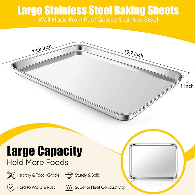 Homikit Baking Pan Sheet Set of 2, Stainless Steel Cookie Sheets Tray for Oven, 20 x 14 Large Metal Half Sheet Bakeware for Cooking Baking, Rustproof & Heavy Duty, Mirror Finish & Dishwasher Safe