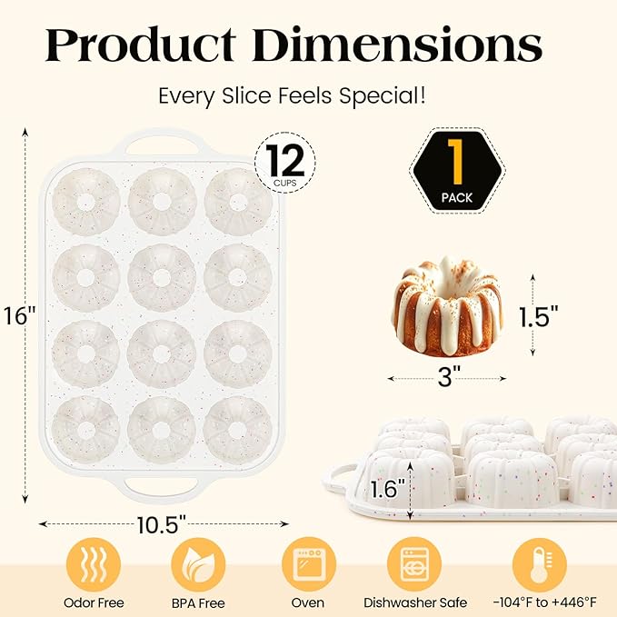 Vinino Silicone Mini Fluted Tube Cake Pans with Metal Reinforced Frame, 12-Cavity Mini Flan Molds, Non-stick Cupcakes Pans for Baking, Donuts, Muffins, Cornbread, Brownies, Jellies