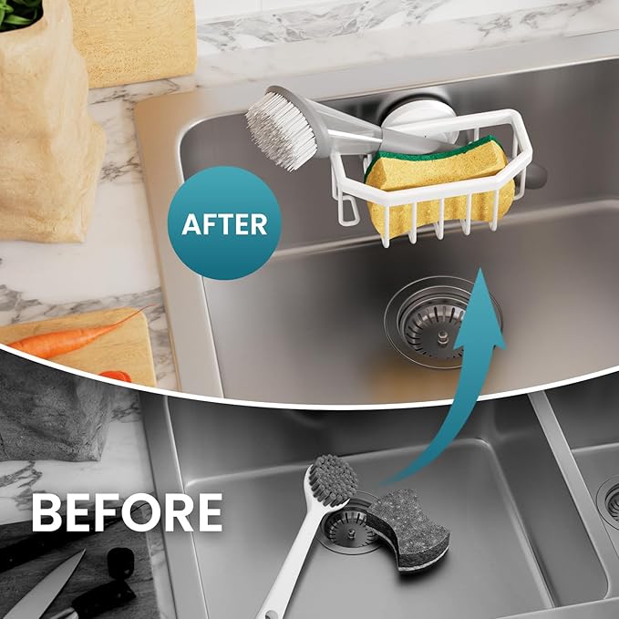 TAILI Sponge Holder for Kitchen Sink with Strong Suction Cup, Rustproof Aluminum Sink Caddy for Sponges, Brushes, Stoppers & Scrapers, White