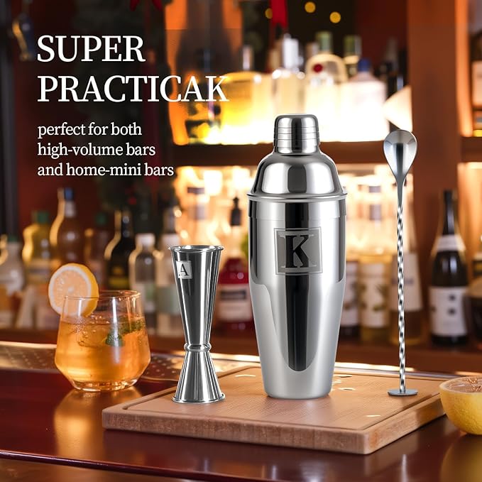 24oz Cocktail Shaker Set with 1 oz 2oz Jigger - Monogramm Initials Martini Shaker Set - 304 Stainless Steel Bar Shaker for Margarita,Mojito-Personalized Gift for Friend,Husband-W