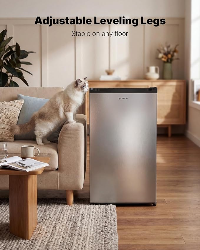 Upstreman 3.2 Cu.Ft Mini Fridge with Freezer, Single Door Compact Refrigerator, Adjustable Thermostat, Small Refrigerator for Dorm, Bedroom, Office, Stainless Steel-SR321