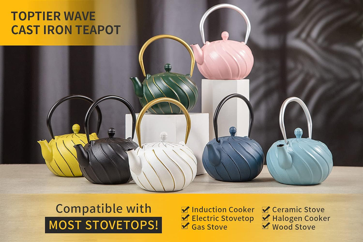 Tea Kettle, TOPTIER Japanese Cast Iron Teapot with Stainless Steel Infuser, Cast Iron Tea Kettle Stovetop Safe, Wave Design Tea Pot Coated with Enameled Interior for 30 Ounce (900 ml), White