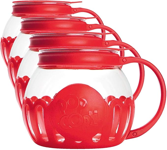 Ecolution Patented Micro-Pop Microwave Popcorn Popper with Temperature Safe Glass, 3-in-1 Lid Measures Kernels and Melts Butter, Made Without BPA, Dishwasher Safe, 1.5-Quart, Red (Pack of 4)